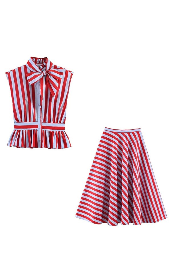 Bow-Tie Blouse & A-Line Midi Skirt Set in two colors