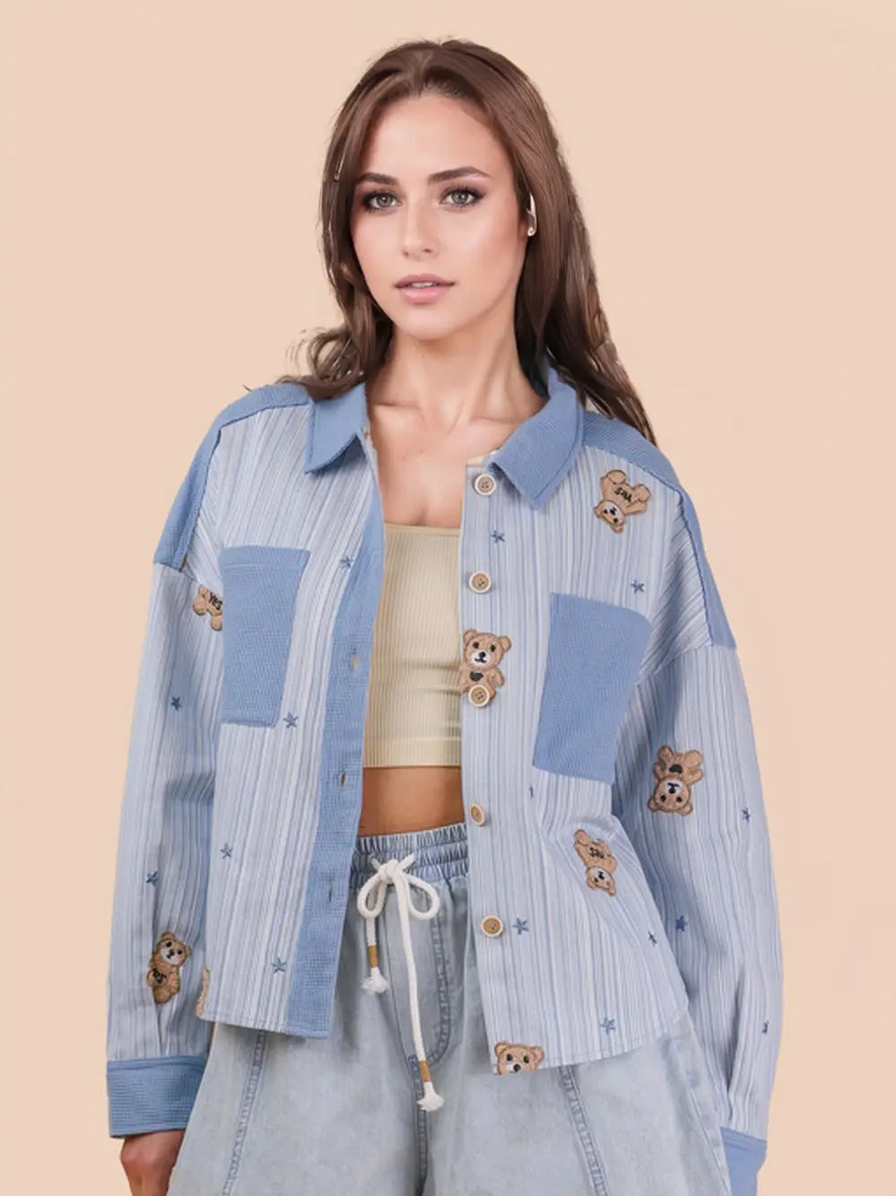 Teddy Bear Print Button-Front Jacket