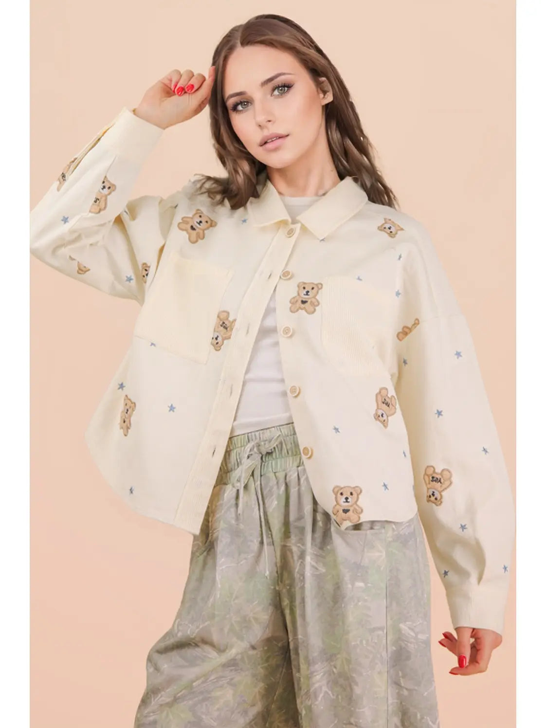 Teddy Bear Print Button-Front Jacket