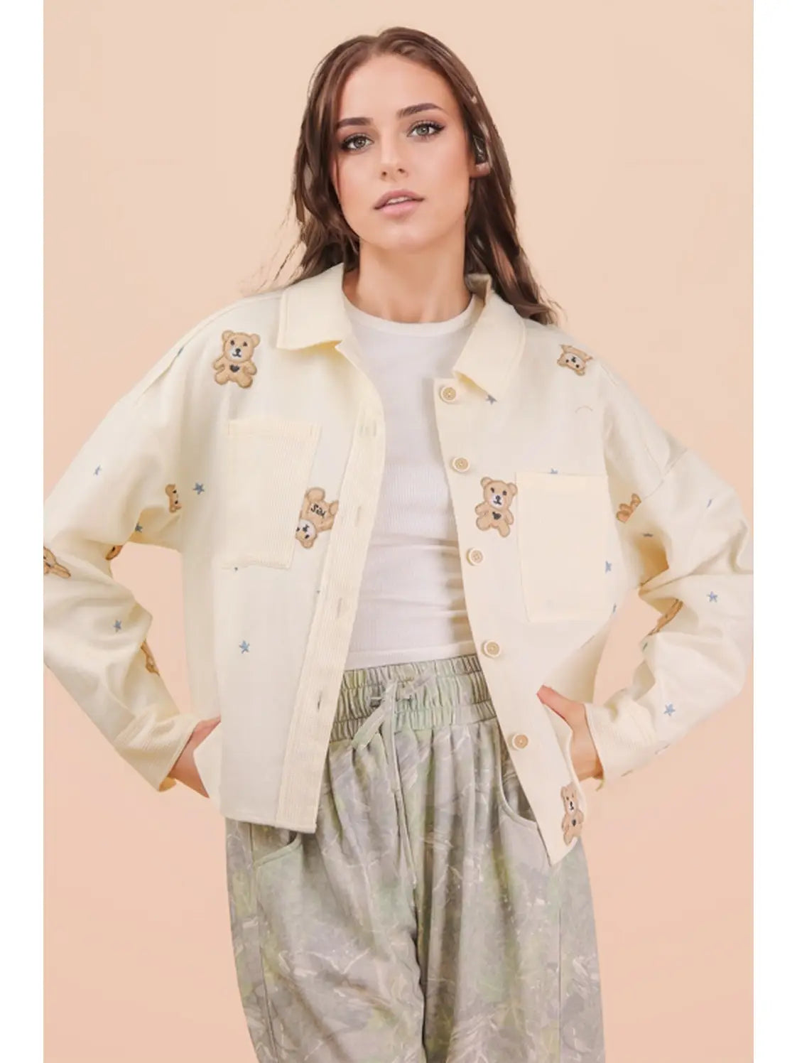 Teddy Bear Print Button-Front Jacket