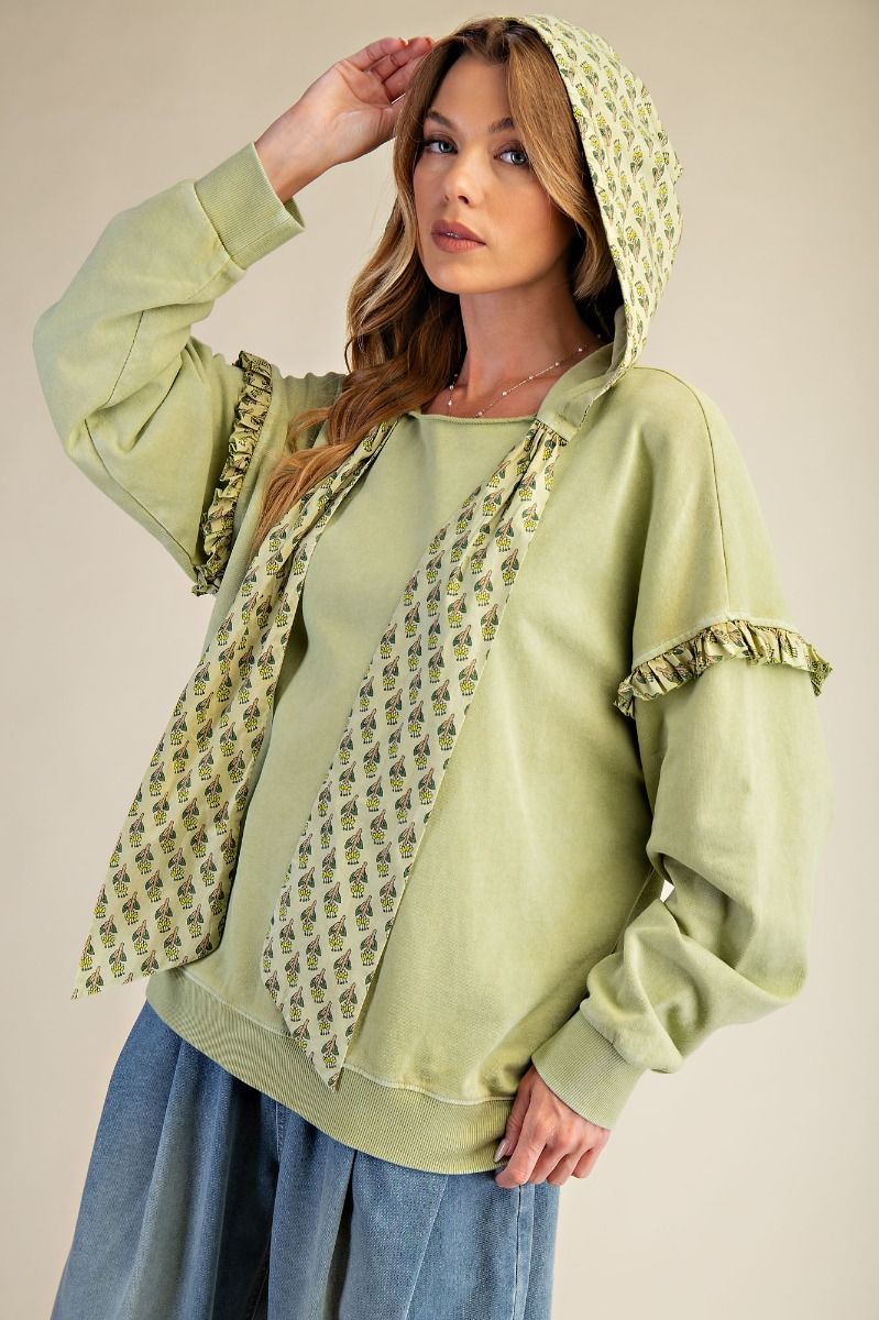 Sage Printed Trim Hooded Sweatshirt