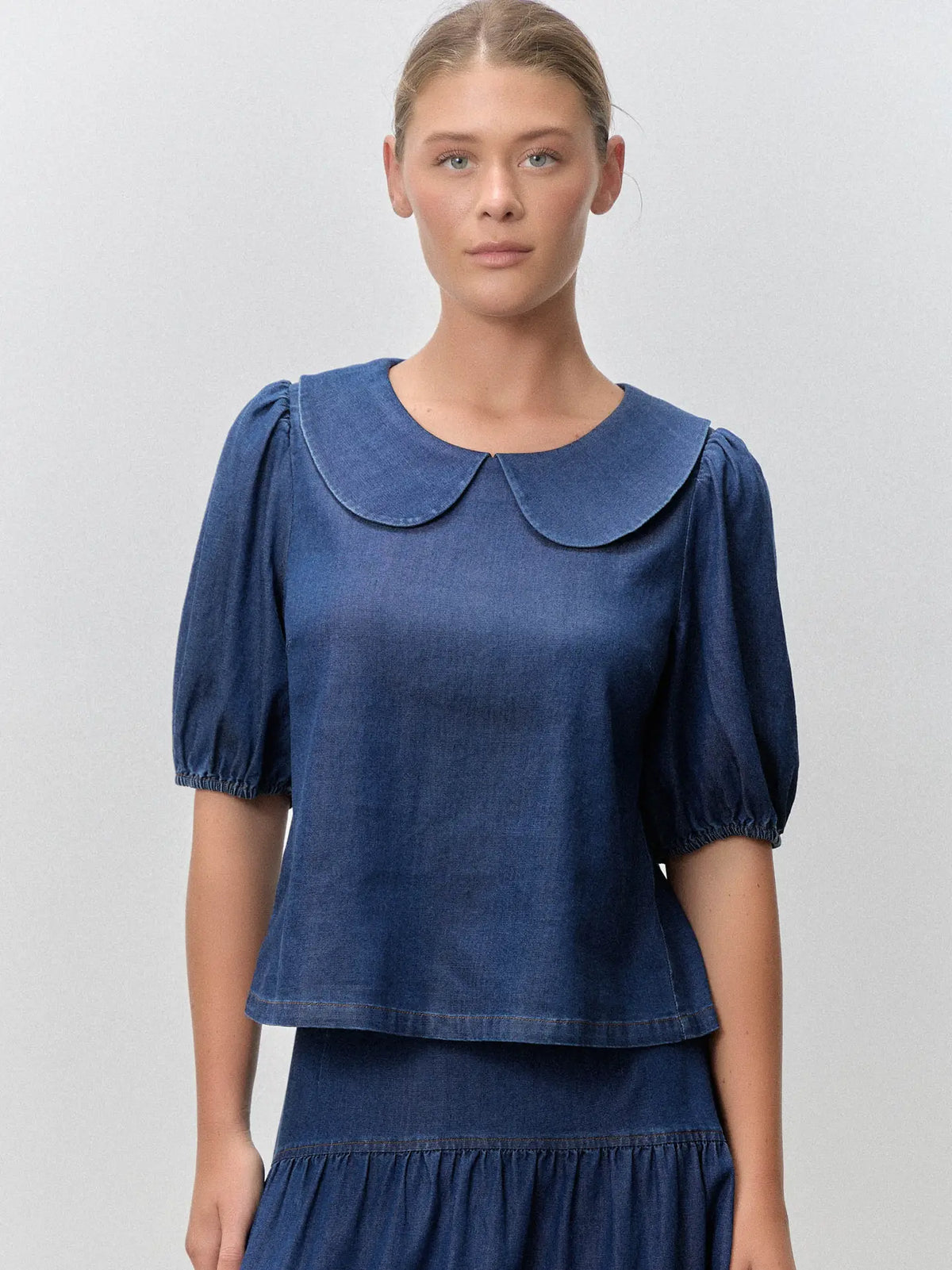 Blue Denim Peter Pan Collar Puff-Sleeve Top