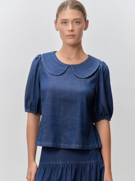 Blue Denim Peter Pan Collar Puff-Sleeve Top