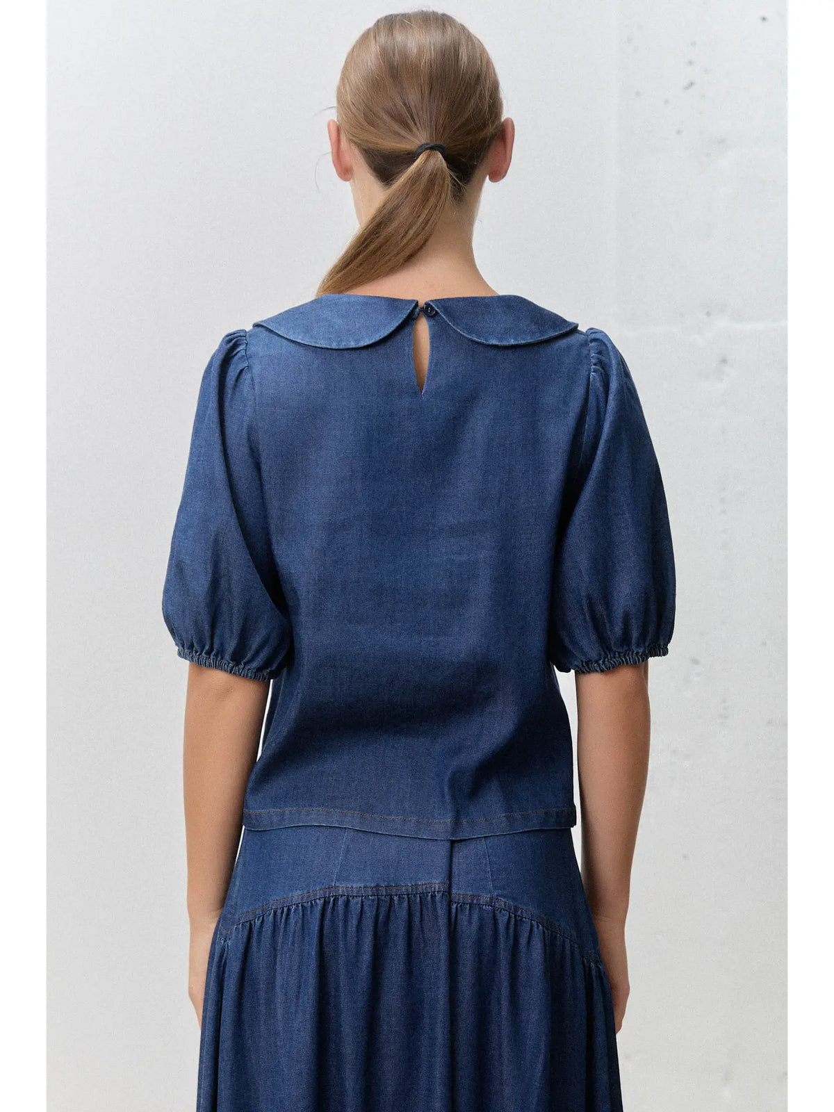 Blue Denim Peter Pan Collar Puff-Sleeve Top
