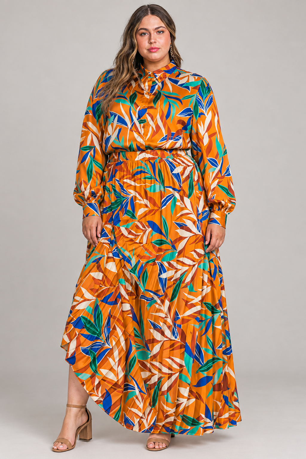 Orange Botanical Blouse & Denim Maxi Skirt Set
