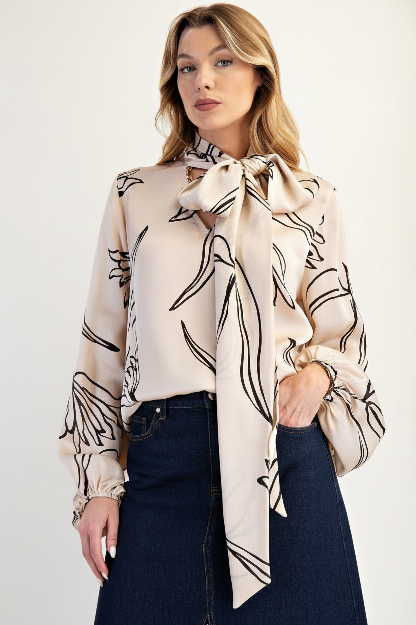 Ivory Sketch Floral Bow Blouse