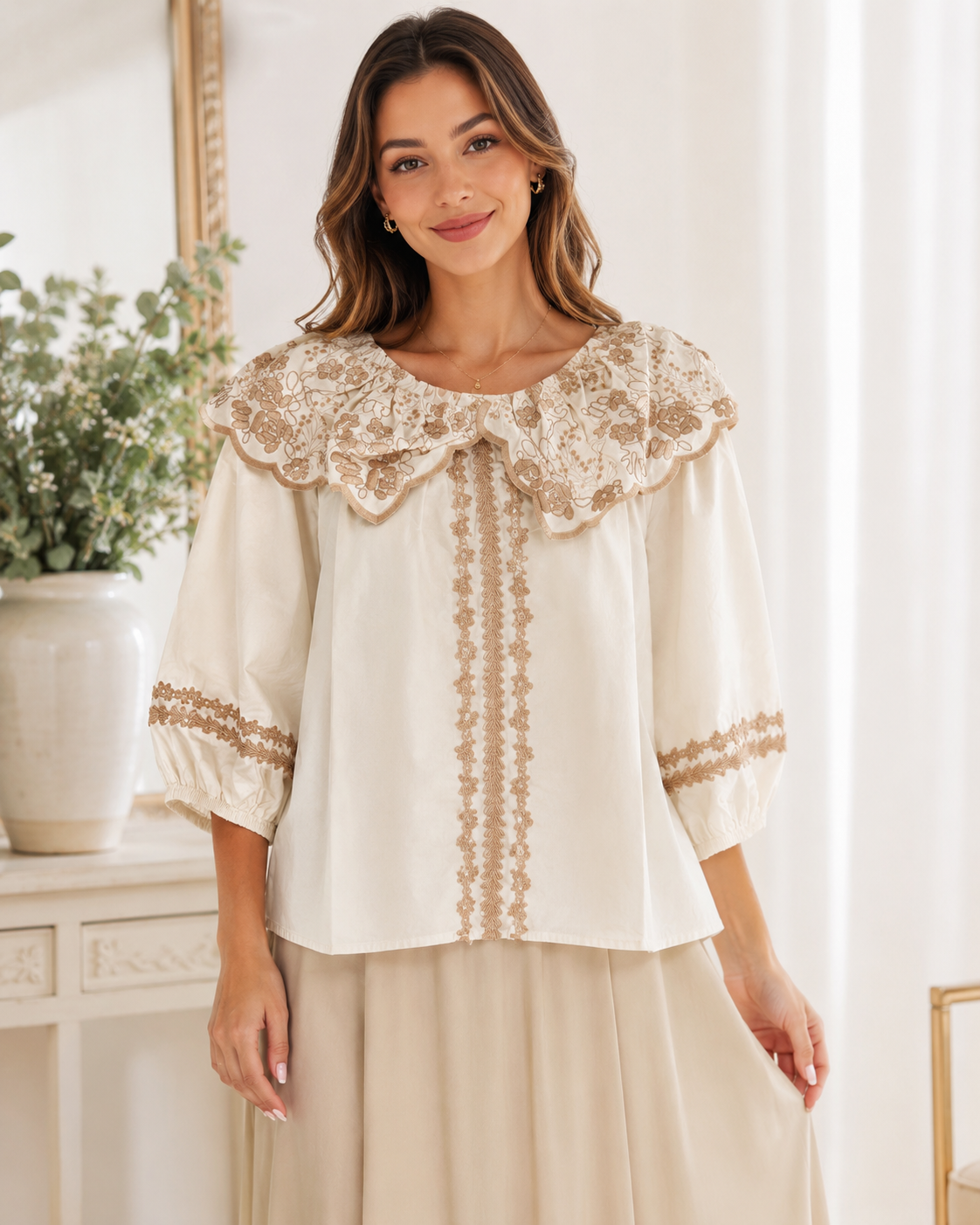 PUFF SLVS EMBROIDERY COTTON POPLIN BLOUSE