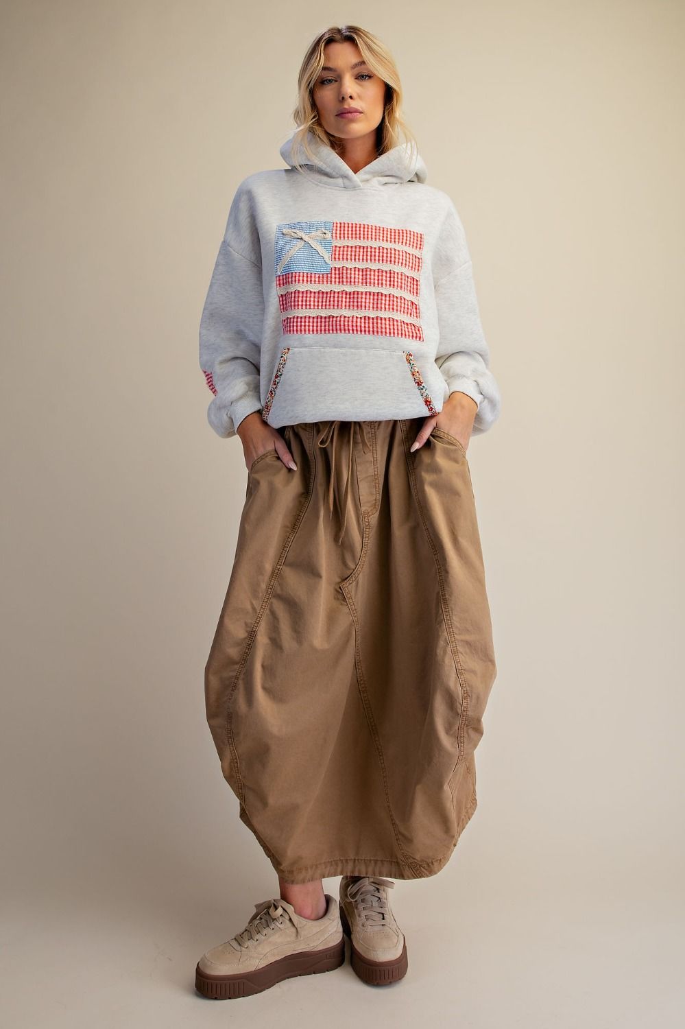 Olive Draped Gathered Midi Skirt