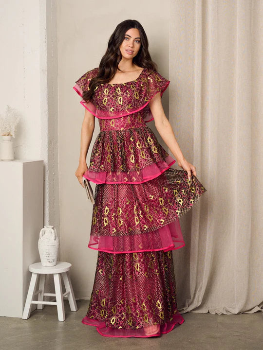 Crimson Bloom Tiered Dress