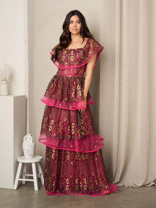 Crimson Bloom Tiered Dress