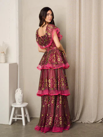Crimson Bloom Tiered Dress