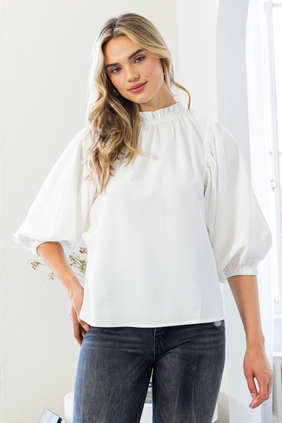 Gathered-Neck Balloon Sleeve Blouse - Colors