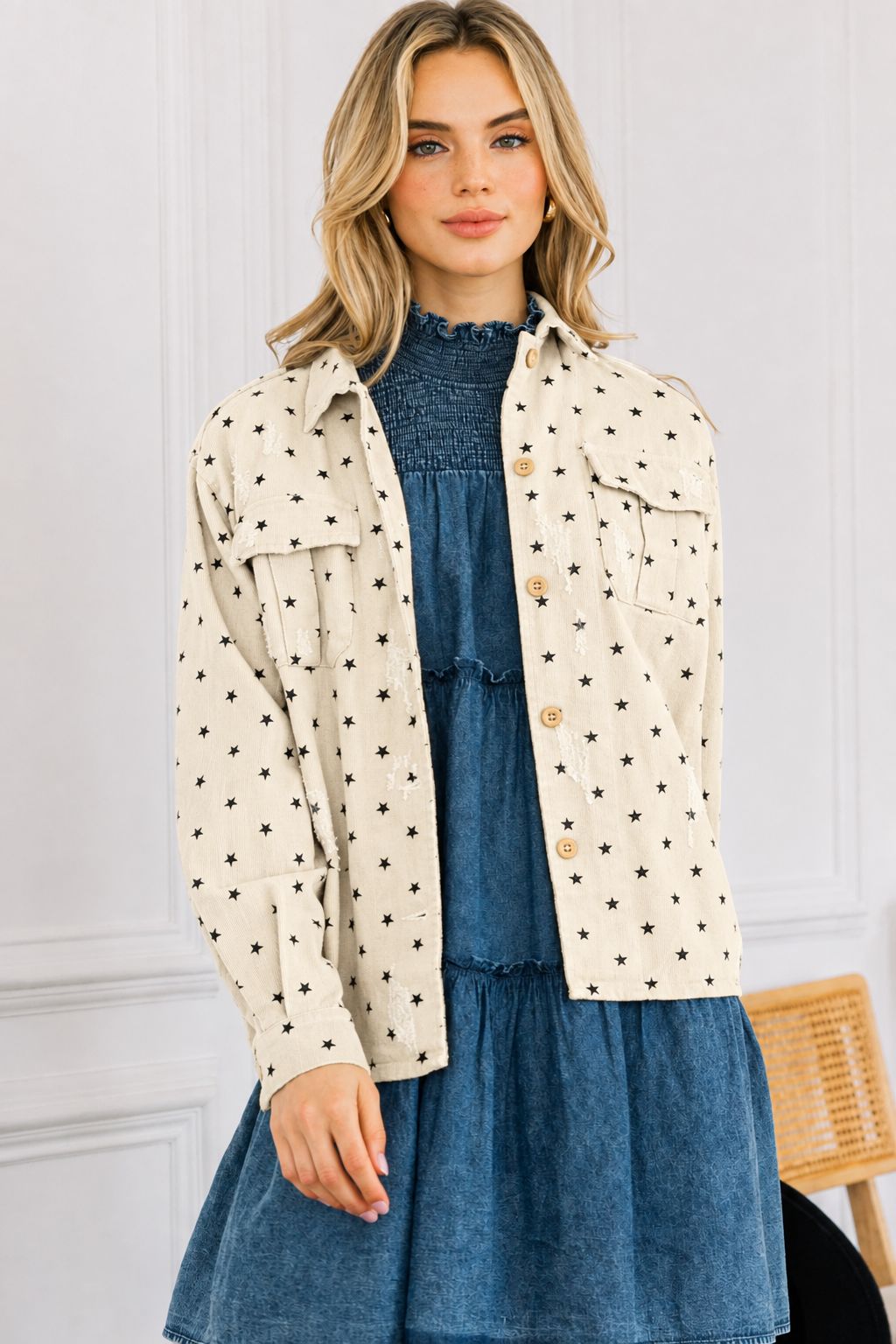 Star Print Corduroy Shacket